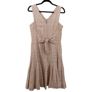 Rebecca Taylor Size 6 Pink Geo‎ Eyelet Tie Front Dress V-Neck Embroidered Boho